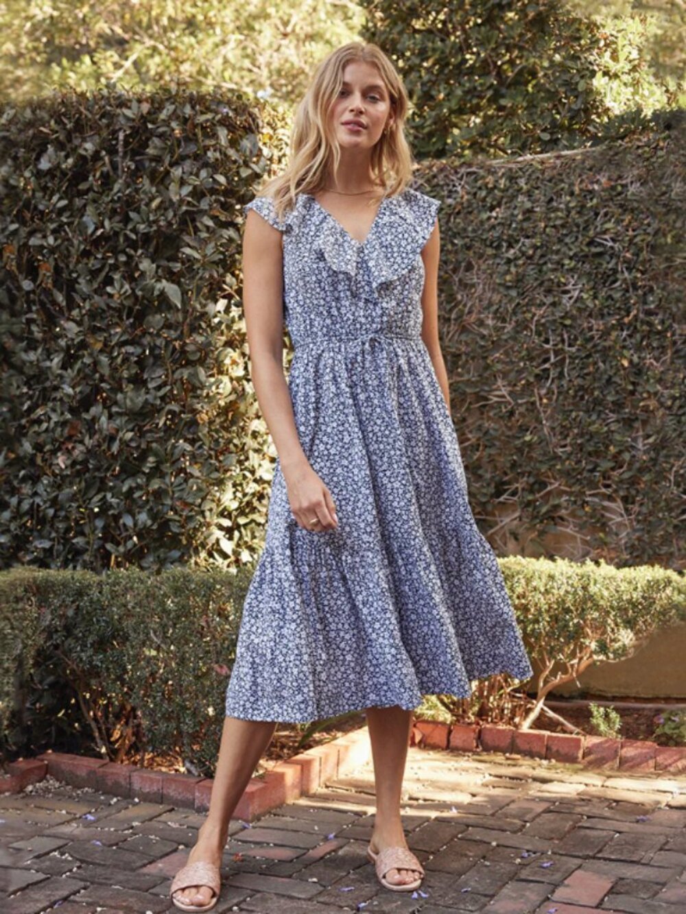 Summersalt Coastal Poplin Ruffle-Neck Midi Dress Navy Floral - S